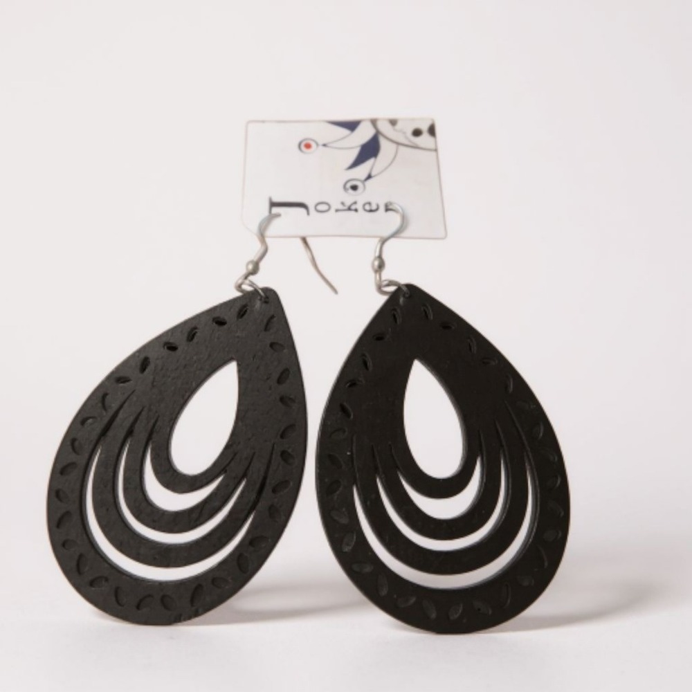 Joker Black Teardrop Dangle Earrings Wood Laser Cut Boho‎ Lightweight